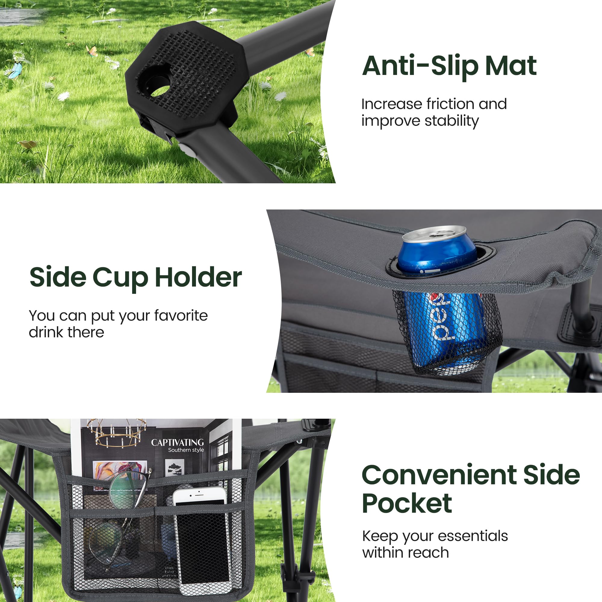 ALPHA CAMP Set of 2 Folding Camping Chairs with Cooler Bag & Cup Holder & Side Pocket Up to 120kg, Lightweight and Portable Camping Chair for Adults, Black