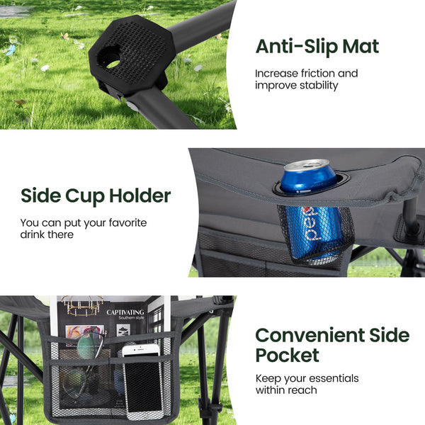 ALPHA CAMP Set of 2 Folding Camping Chairs with Cooler Bag & Cup Holder & Side Pocket Up to 120kg, Lightweight and Portable Camping Chair for Adults, Black