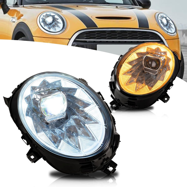VLAND Full LED Headlight Compatible with Mini Clubman F54 & F55 F56 Hatch F57 convertible halogen 2014-2020, w/sequential indicator, Driver & Passenger Side, RHD
