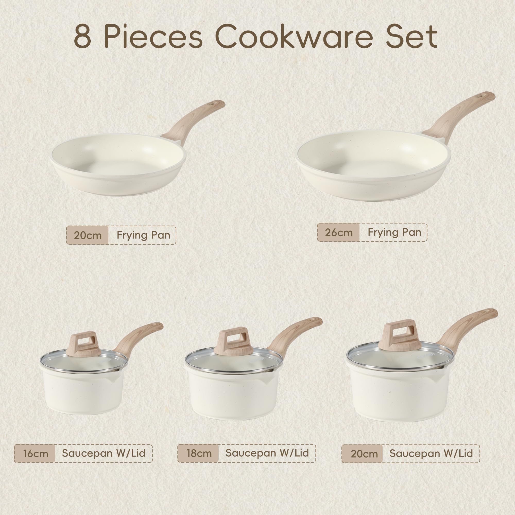 CAROTE Pots and Pans Sets Non Stick, 8 PCS White Granite Induction Hob Pan Set, Natural Non Toxic Cooking Cookware Set with Saucepan Set,Suitable for All Stoves