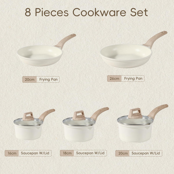 CAROTE Pots and Pans Sets Non Stick, 8 PCS White Granite Induction Hob Pan Set, Natural Non Toxic Cooking Cookware Set with Saucepan Set,Suitable for All Stoves