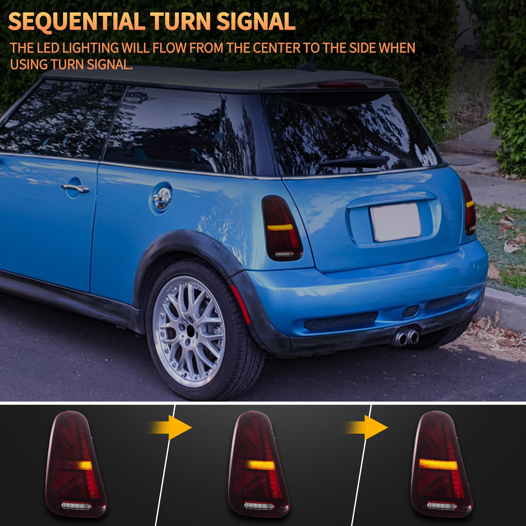 VLAND LED Rear Lights Compatible with Mini Cooper R50 R52 R53 2001-2006 1st Gen Hatch/Convertible, Union Jack Tail Lights w/Startup Dynamic Display & Sequential Indicator, 1 Set (Red)