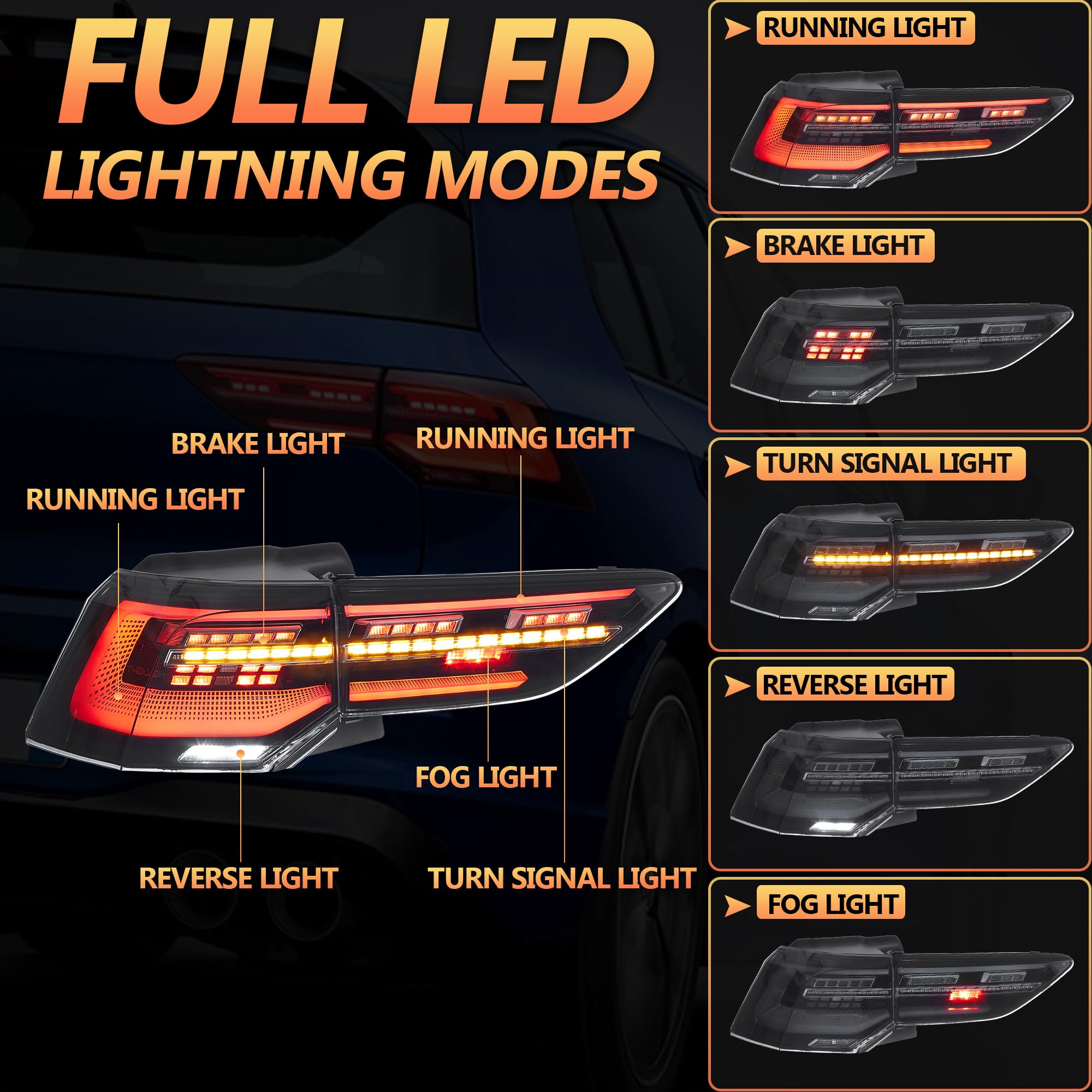 VLAND LED Rear Lights compatible with Golf MK8 Golf 8 2020-2023, w/Amber Sequential Indicator, Driver & Passenger Side - Smoked