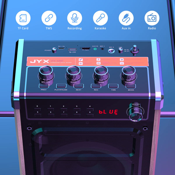 JYX Karaoke Machine with 2 UHF Wireless Microphones, Bass/Treble Bluetooth Speaker with LED Light, Support TWS, AUX In, FM, REC, Supply for Party/Adults/Kids