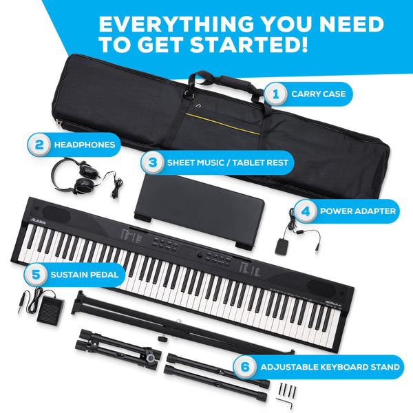 Alesis 88 Key Keyboard Piano with 480 Sounds, Speakers, USB MIDI, Sheet Music Tablet Rest, Power Adapter and Piano Lessons for Beginners