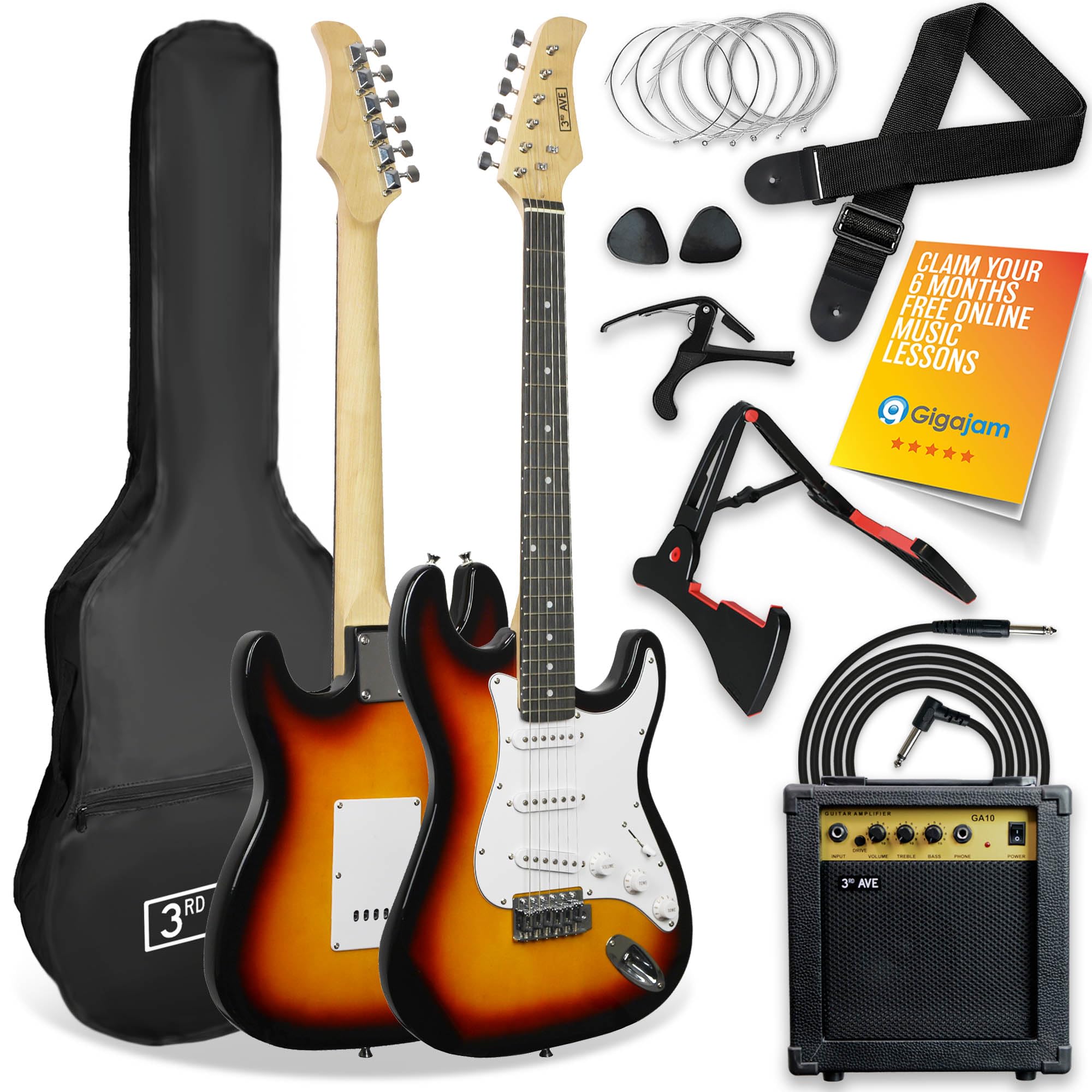 3rd Avenue XF Full Size 4/4 Electric Guitar Ultimate Kit with 10W Amp, Cable, Stand, Gig Bag, Strap, Spare Strings, Picks, Capo – Black