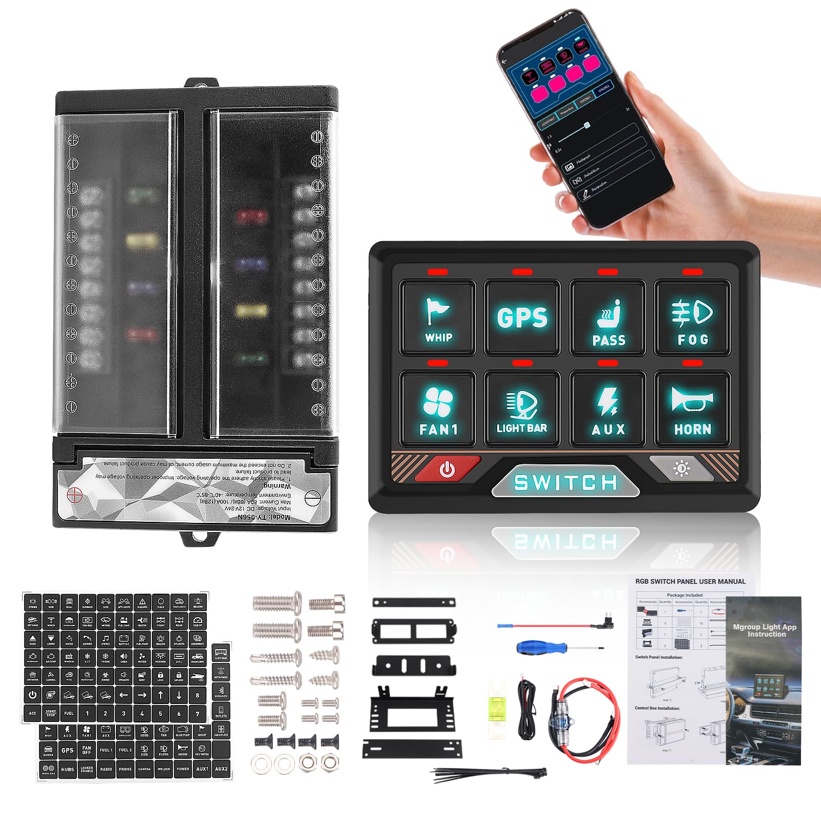 Chelhead RGB 6 Gang Switch Panel with APP Control, Universal Circuit Control Relay System, Multi-Function Bluetooth Remote Switch Panel, Compatible with Truck Boat SUV RV Trailer Marine ATV UTV