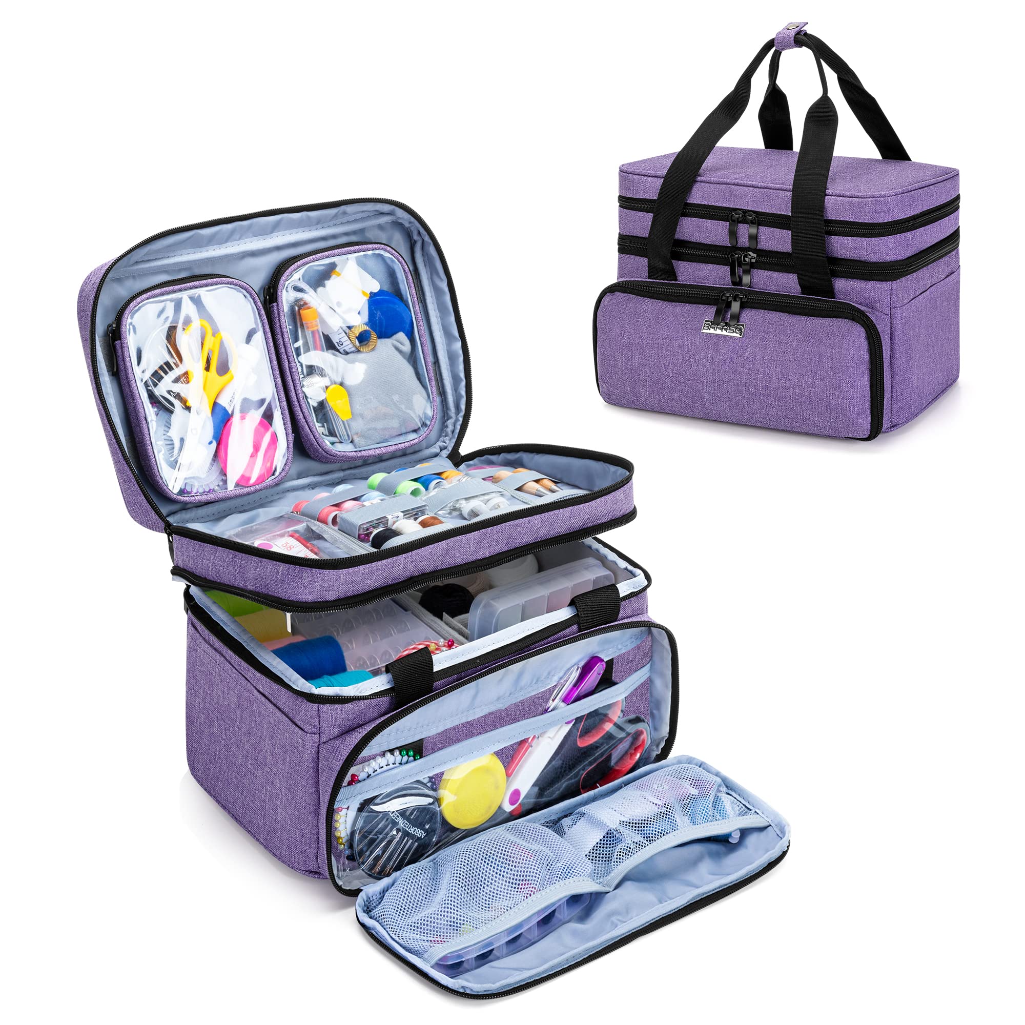 BAFASO Double Layer Sewing Accessories Organiser with 2 Detachable Pouches, Large Sewing Storage Bag for Sewing Tools, Purple
