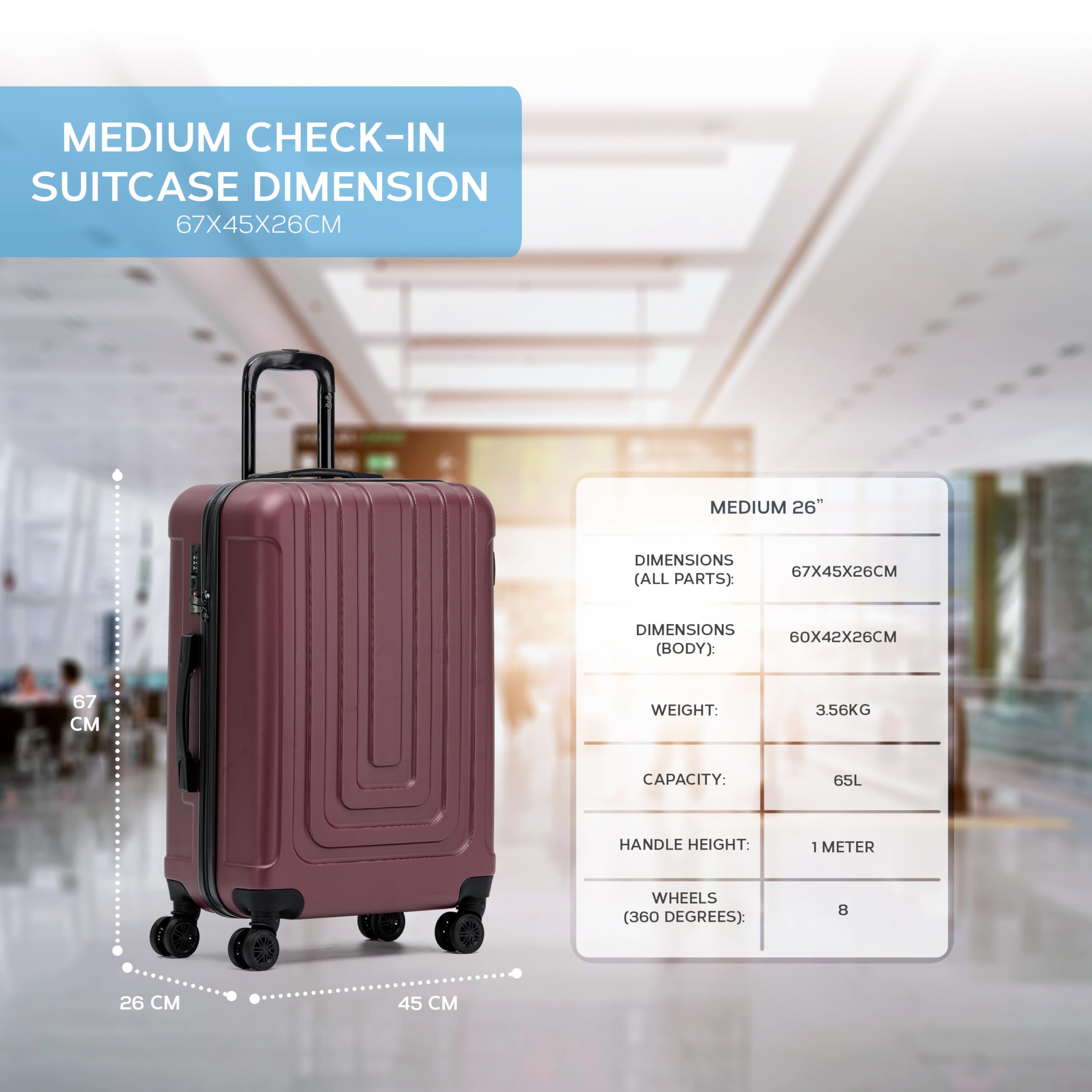 Flight Knight Premium Lightweight Suitcase - Built-in TSA Lock - 8 Spinner Wheels - ABS Hard Shell Check in Highly Durable Luggage - Medium - 67x45x26cm