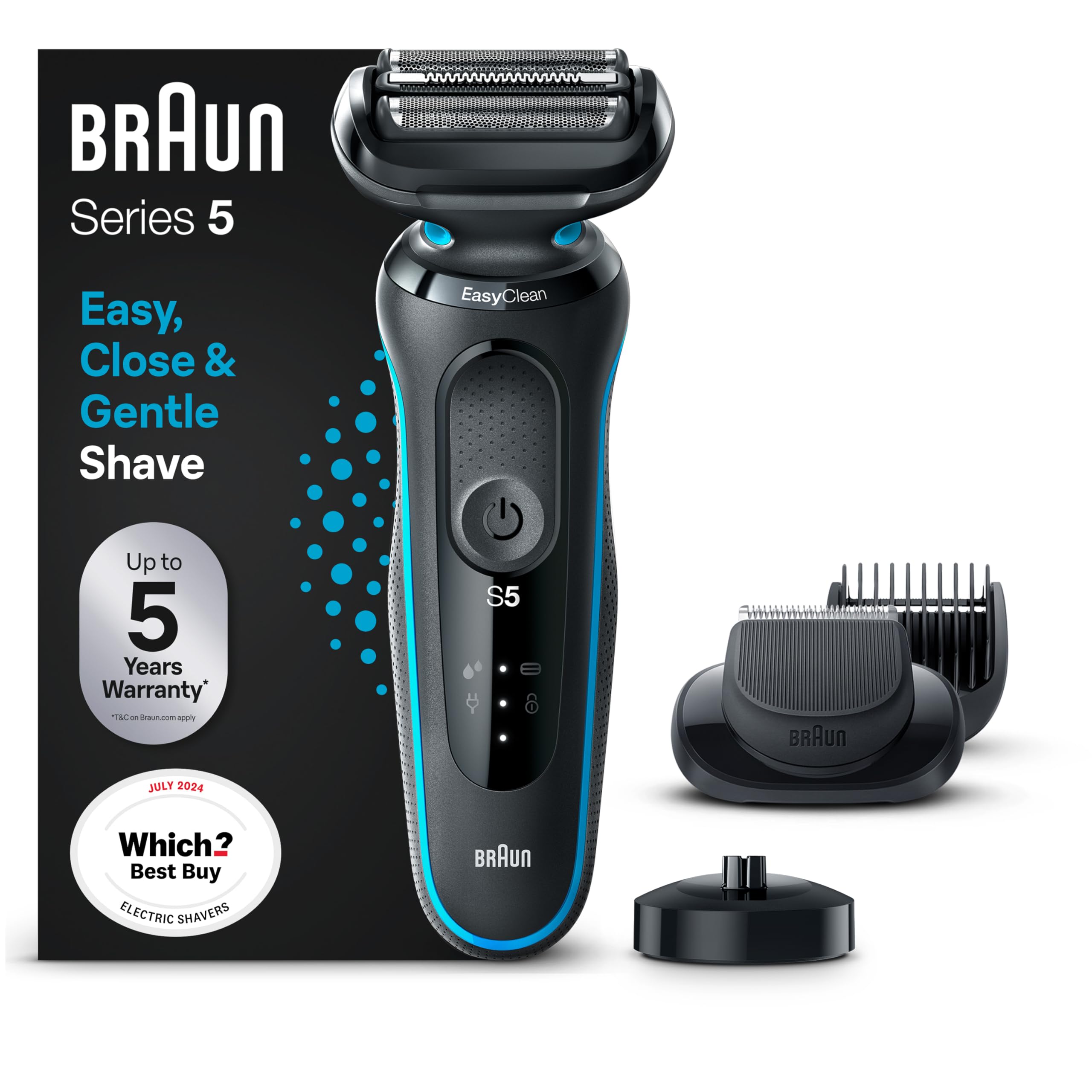 Braun Series 5 Electric Shaver, Up to 50 min, 4in1 SmartCare Center, +1 Attachment, Cordless, Wet & Dry Razor for Men, 100% Waterproof, 52-N7200CC, Black