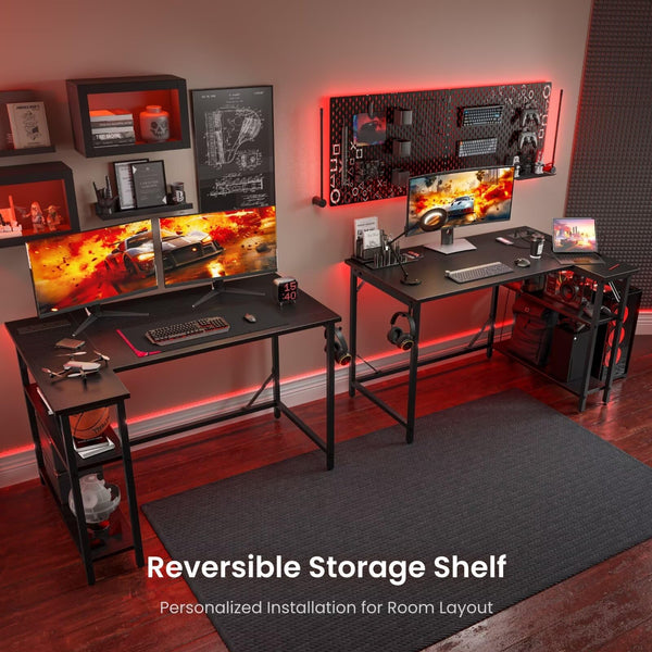 DOMSHOCT L Shaped Gaming Desk with Power Outlets, 120x70cm Corner Computer Desk with Large Reversible Shelves, Home Office Desk with Hooks for Writing
