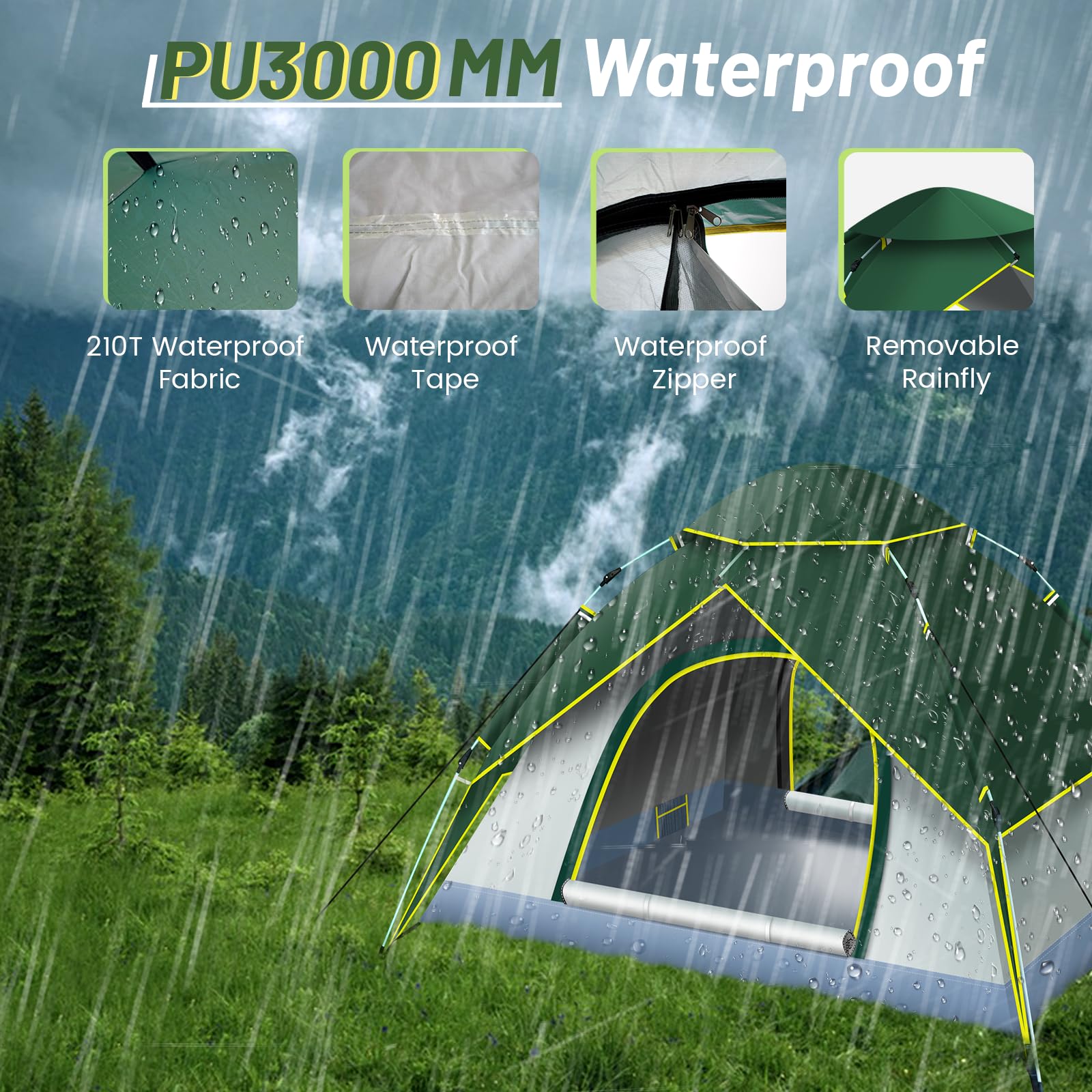 Mimajor Camping Tent Pop Up - Automatic Pop-Up 2-3 Man Tent Instant Tents Waterproof & Windproof Dome Tents, 2 in 1 Double Layers Easy Setup for Camping Hiking Backpacking Traveling