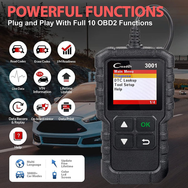 LAUNCH Creader 3001 OBD2 Scanner Automotive car diagnostic tool with Full OBD2 Functions Check Engine Light O2 Sensor Systems Engine Fault Code Reader