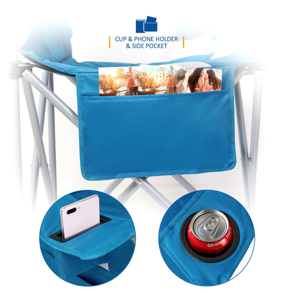 SUNMER Set of 2 Folding Camping Chairs, Extra-Wide Lightweight Outdoor Chairs with Armrests, Cup Holder and a Side Pocket, 120kg Capacity per Chair - Black