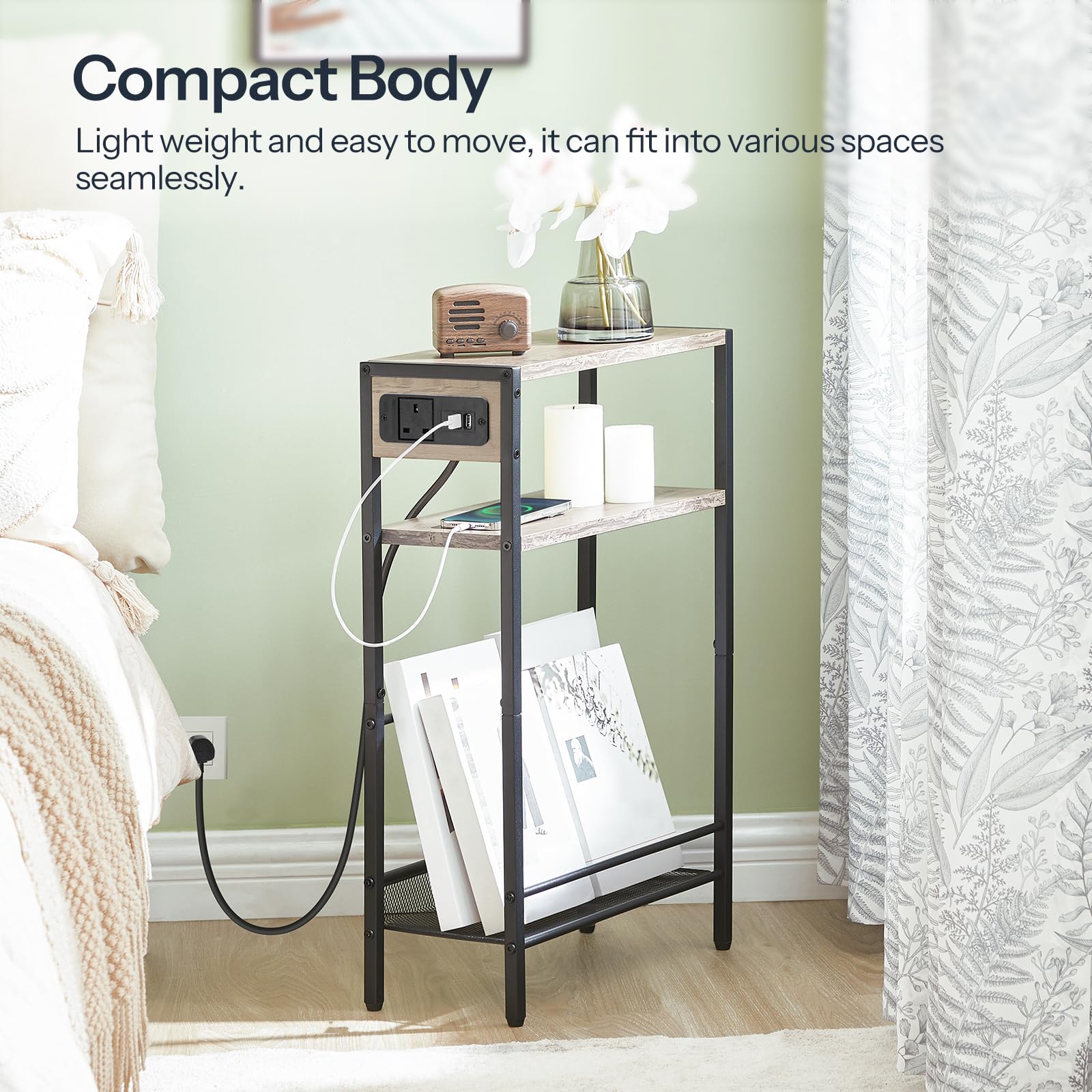 HOOBRO Slim Side Table with Charging Station, Narrow Side Table with USB Ports and Power Outlet, 42 x 18 x 65 cm, 3-Tier End Table for Small Space,