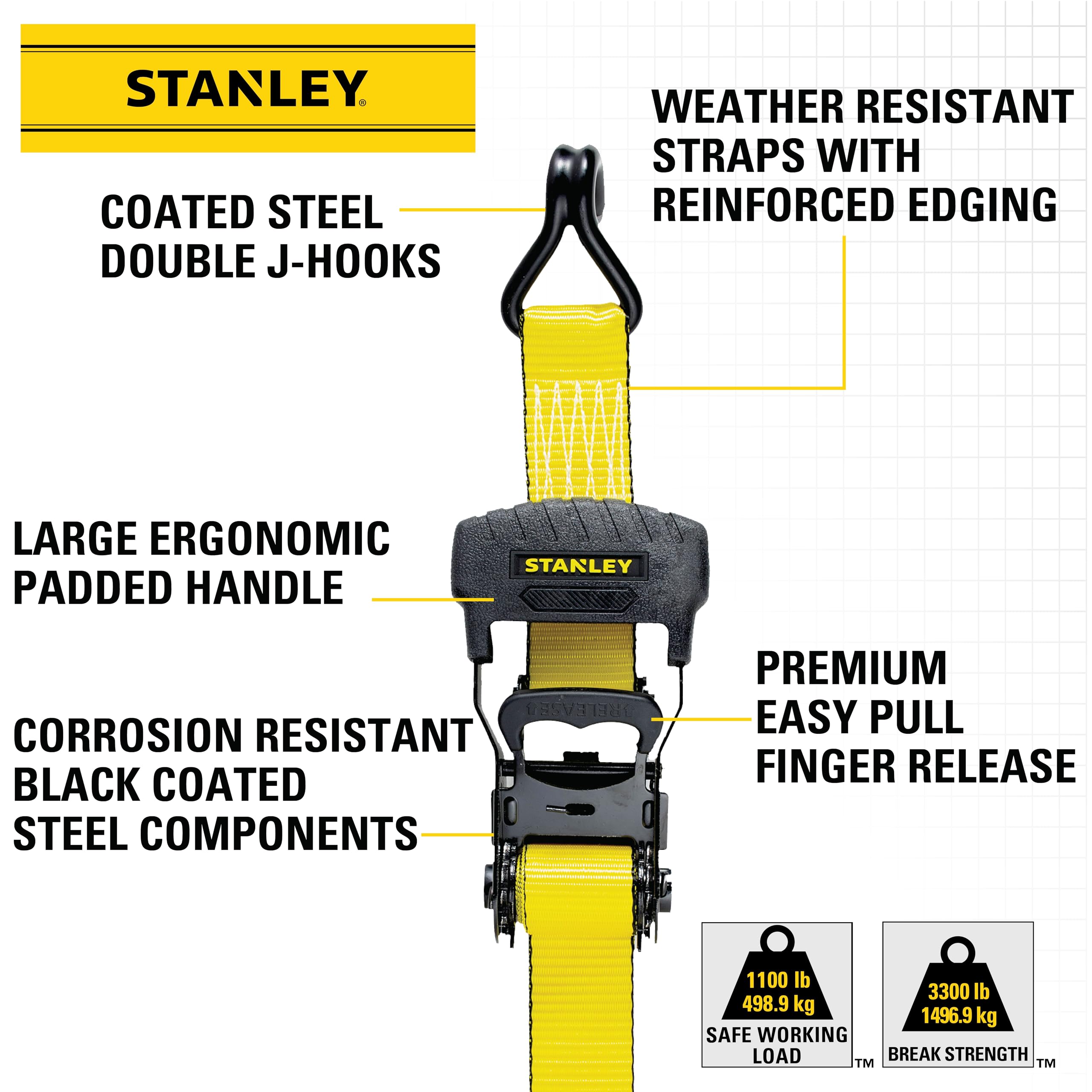 STANLEY S1007 Black/Yellow 1.5" x 16' Ratchet Tie Down Straps - 1,100 lb Safe Working Load / 3,300 lb Break Strength, 2 Pack