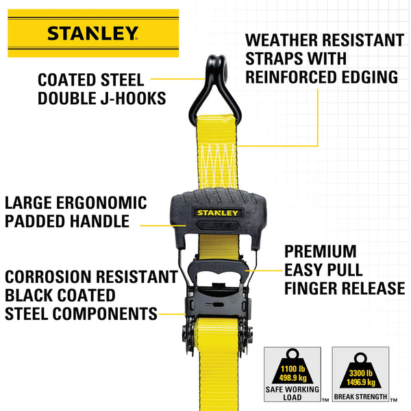 STANLEY S1007 Black/Yellow 1.5" x 16' Ratchet Tie Down Straps - 1,100 lb Safe Working Load / 3,300 lb Break Strength, 2 Pack