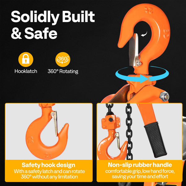 SPECSTAR Hand Chain Hoist 1250kg Capacity 3m with 2 Heavy Duty Hooks Manual Chain Fall for Warehouse Building Automotive Machinery