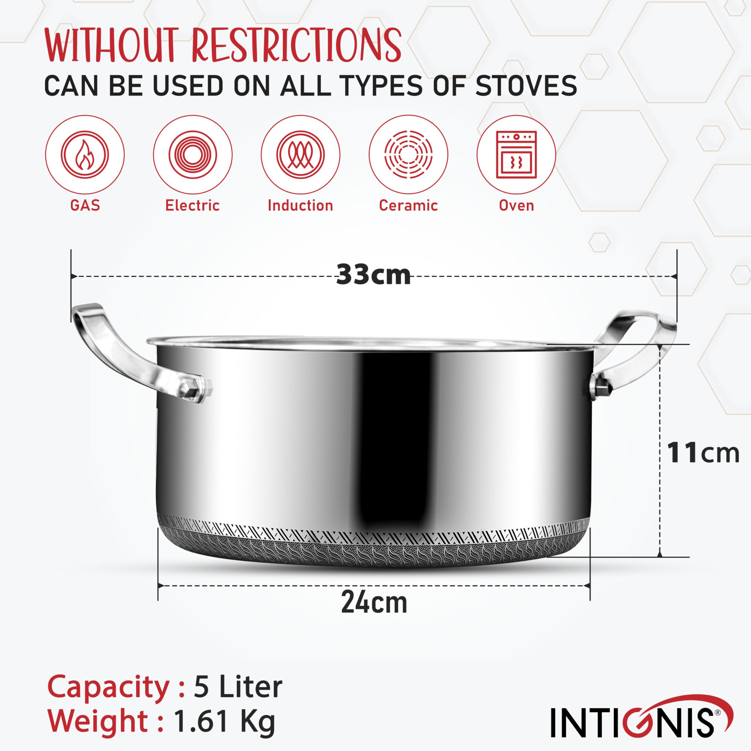 INTIGNIS Stainless Steel Casserole with Lid, 5 Liter, 24 cm  Non-Stick, Anti-Scratch, Dishwasher & Oven Safe, Induction Hob Compatible,