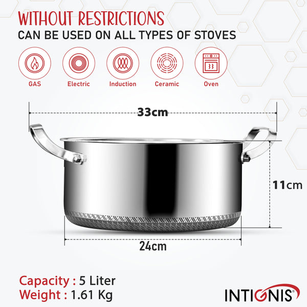 INTIGNIS Stainless Steel Casserole with Lid, 5 Liter, 24 cm  Non-Stick, Anti-Scratch, Dishwasher & Oven Safe, Induction Hob Compatible,