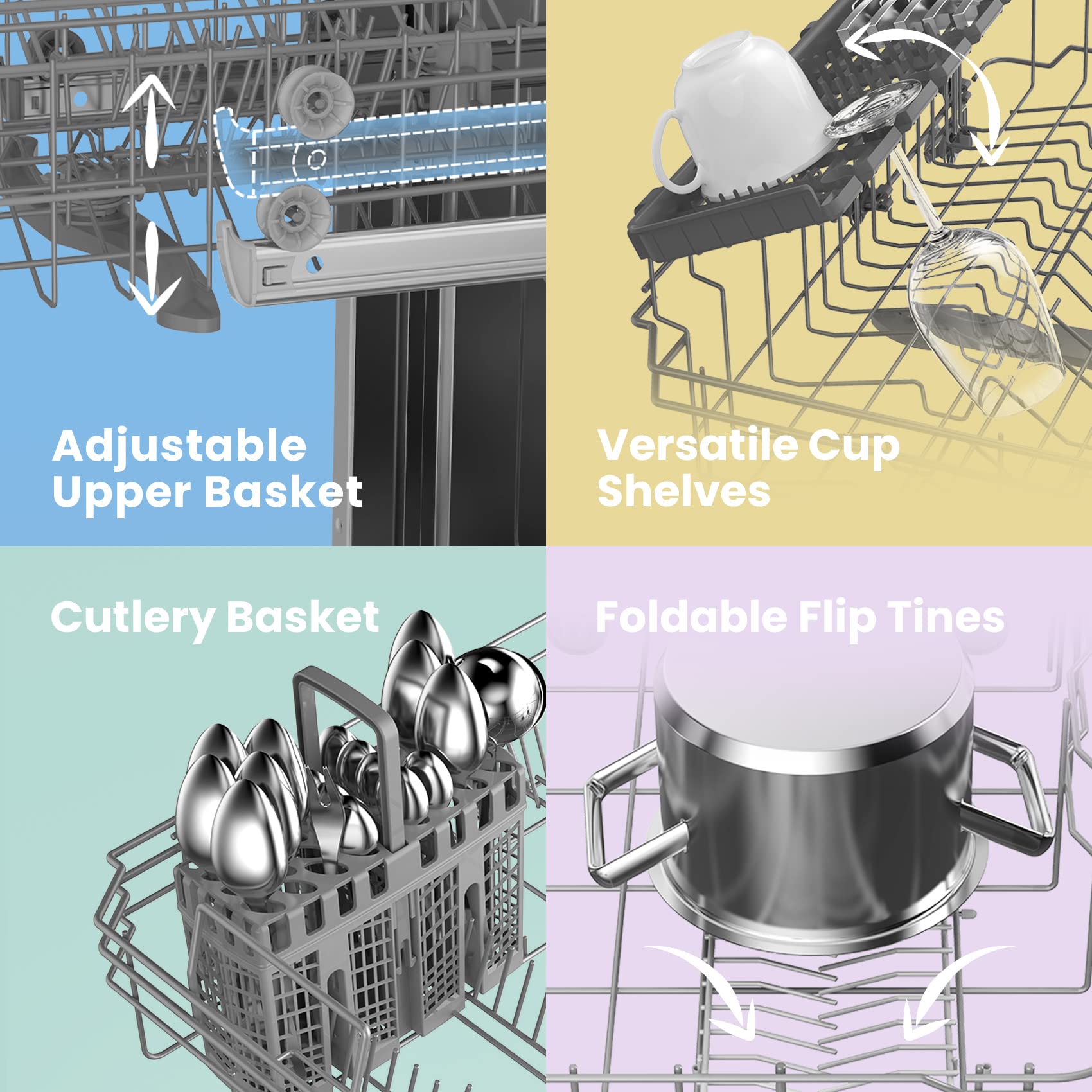 COMFEE' Freestanding Dishwasher FD1435E-X with 14 place settings, Full Size, Whisper Quiet 44dB, Wide LED Display, Delay Start, Half Load Function, Flexible Racks, Stainless Steel