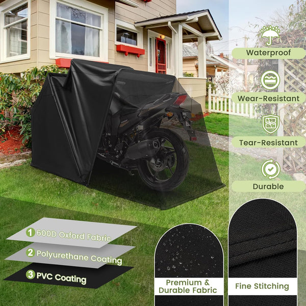 COSTWAY Large Motorcycle Tent, 342 x 137 x 193cm 600D Oxford Waterproof Motorbike Cover Shelter with Roll-up Mesh Windows & 8 Expansion Bolts, Folding Motorcycle Storage Shed