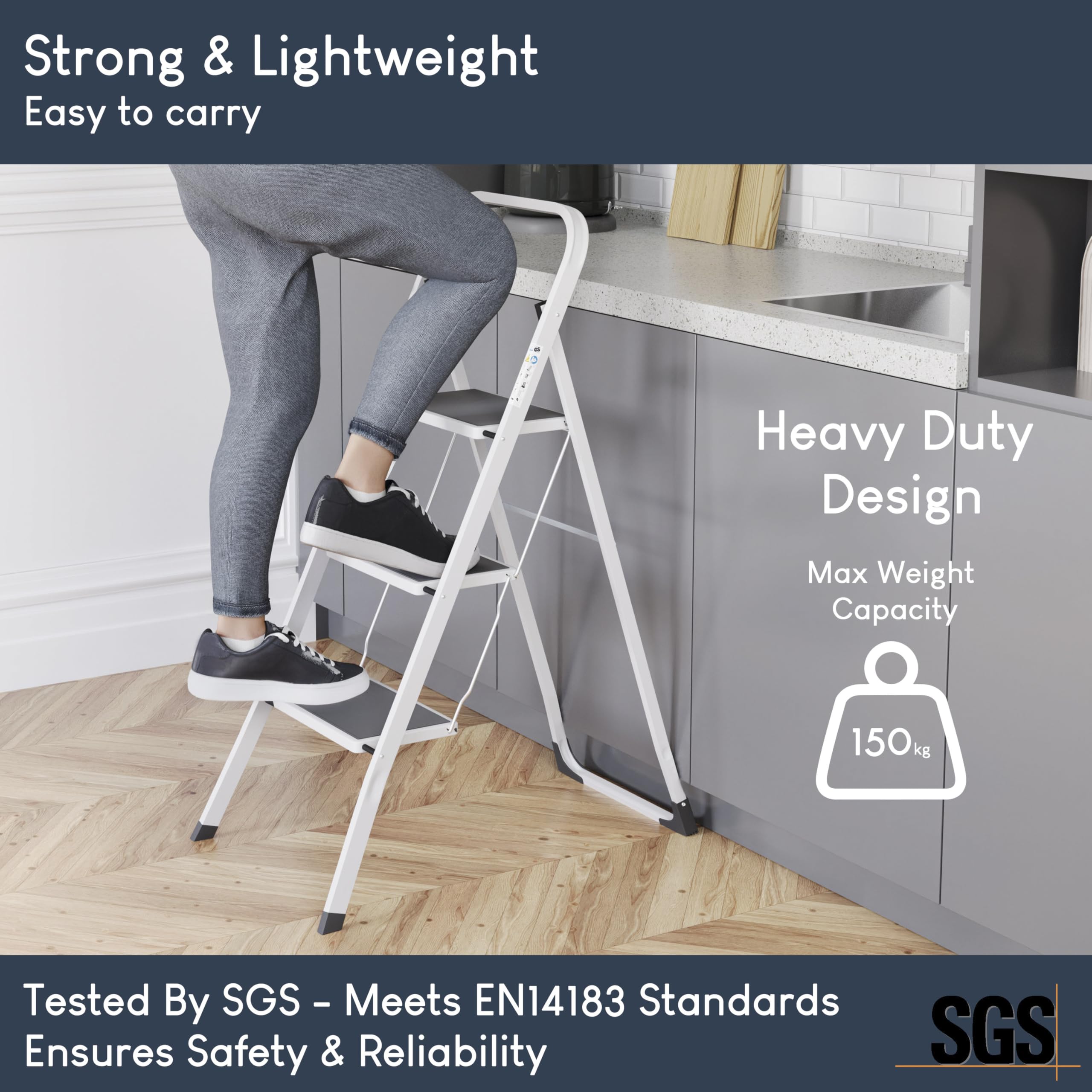 Home Vida 3 Step Ladder - Heavy Duty Steel Folding Ladder with Slip-Resistant and Wide Steps, Folding Mechanism, 150kg Max Load, Home/Kitchen/DIY/Garden Use, White