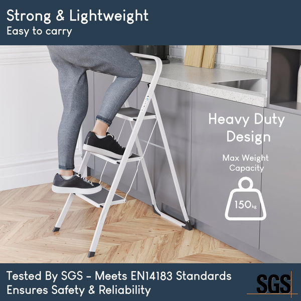Home Vida 3 Step Ladder - Heavy Duty Steel Folding Ladder with Slip-Resistant and Wide Steps, Folding Mechanism, 150kg Max Load, Home/Kitchen/DIY/Garden Use, White