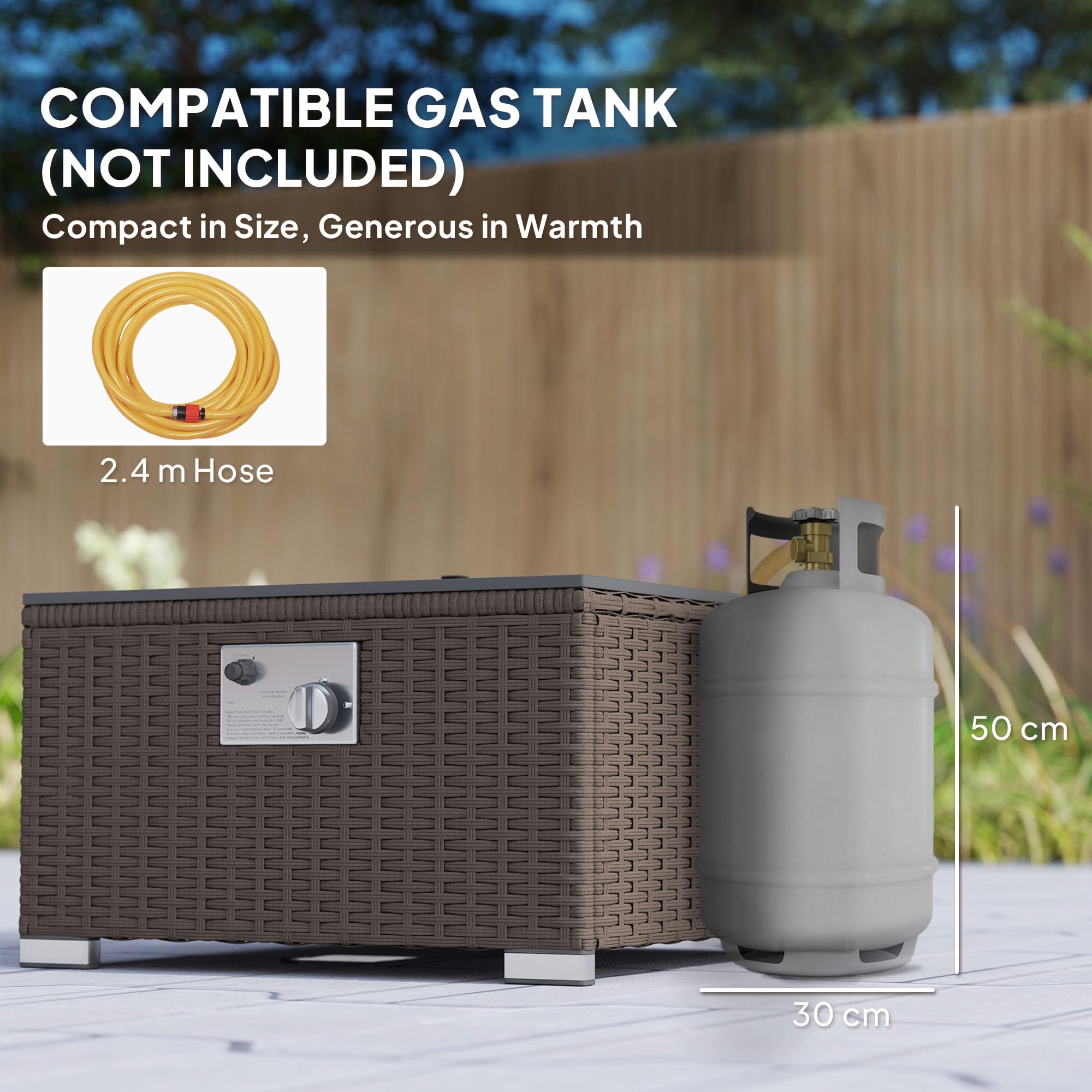 Outsunny 5 Piece Rattan Garden Furniture Set with Gas Fire Pit Table, 4 Seater Outdoor Sectional Sofa Set with Footstool and Removable Cushions, Modular Combination, Brown and Cream White