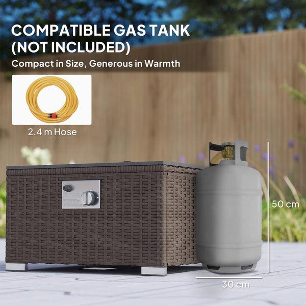 Outsunny 5 Piece Rattan Garden Furniture Set with Gas Fire Pit Table, 4 Seater Outdoor Sectional Sofa Set with Footstool and Removable Cushions, Modular Combination, Brown and Cream White