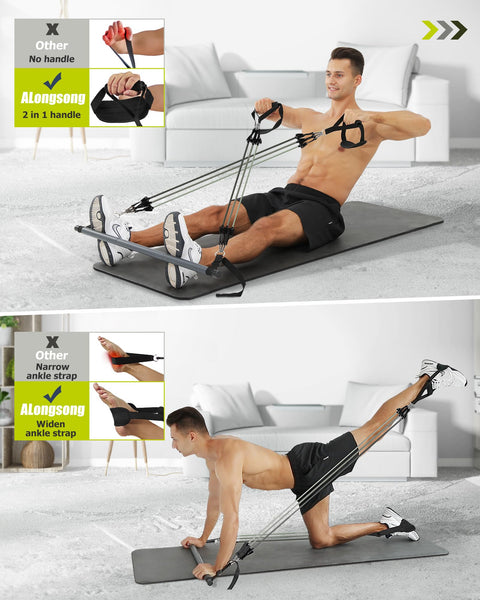 ALongSong Pilates Bar Set With 6 Latex Elastic Resistance Bands 30/40/50lbs 3 Section Pilates Bar Portable Home Workout Fitness For Yoga, Stretching,