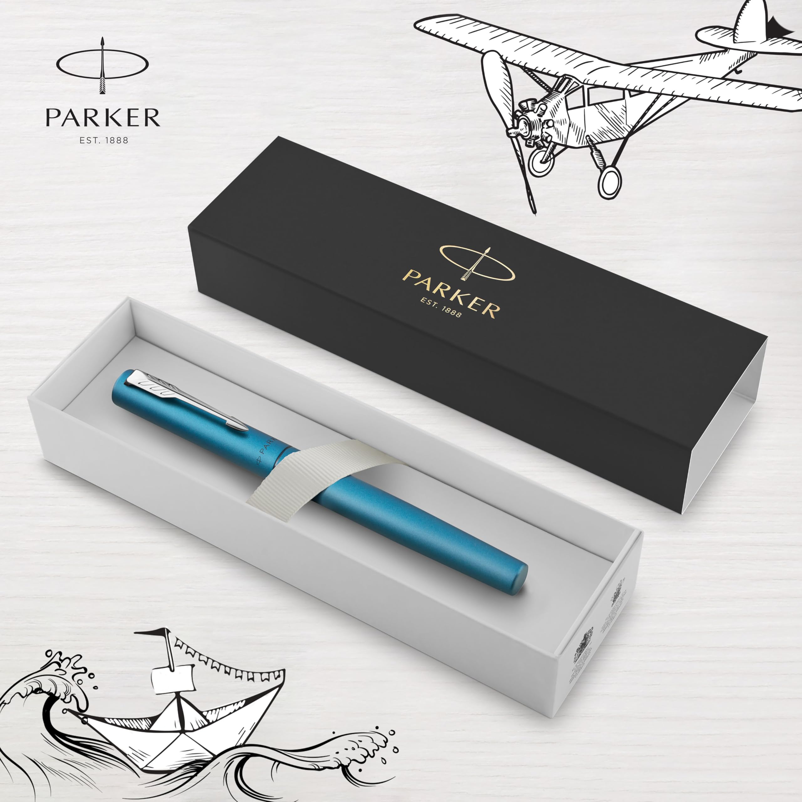 Parker Vector Fountain Pen | Black with Chrome Trim | Medium Nib | Blue Ink | Hangtab