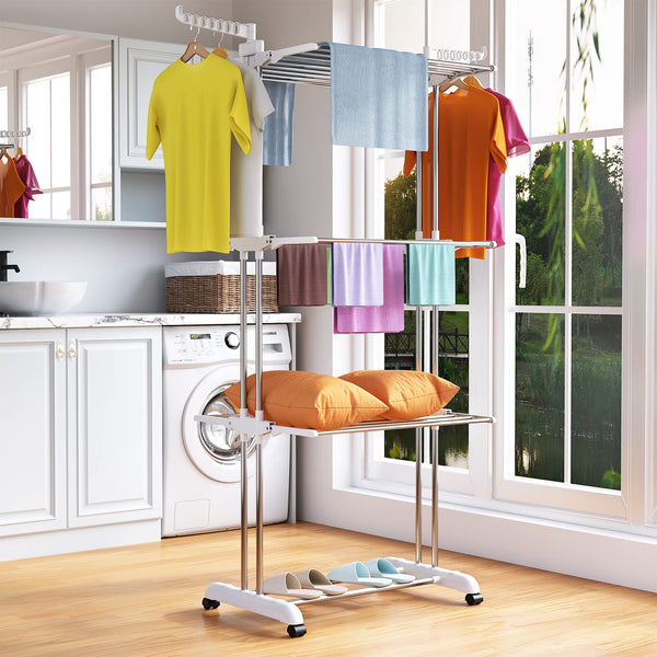 Innotic Clothes Drying Rack Foldable 4 Tier Clothes Airer Stainless Steel Portable Clothes Rail Laundry Dryer Hanger Rack with Wheels for Indoor