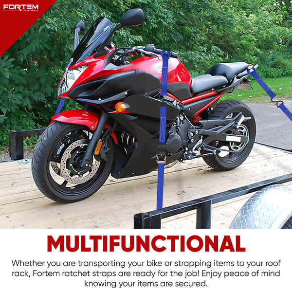 FORTEM Ratchet Straps, 748kg Break Strength, 4 Pack 4.6m x 2.54cm Tie Down Strap Set, 4 Soft Loops, Motorcycle Straps Tie Downs, Cargo Cam Buckles, Rubber Handles, Carry Bag