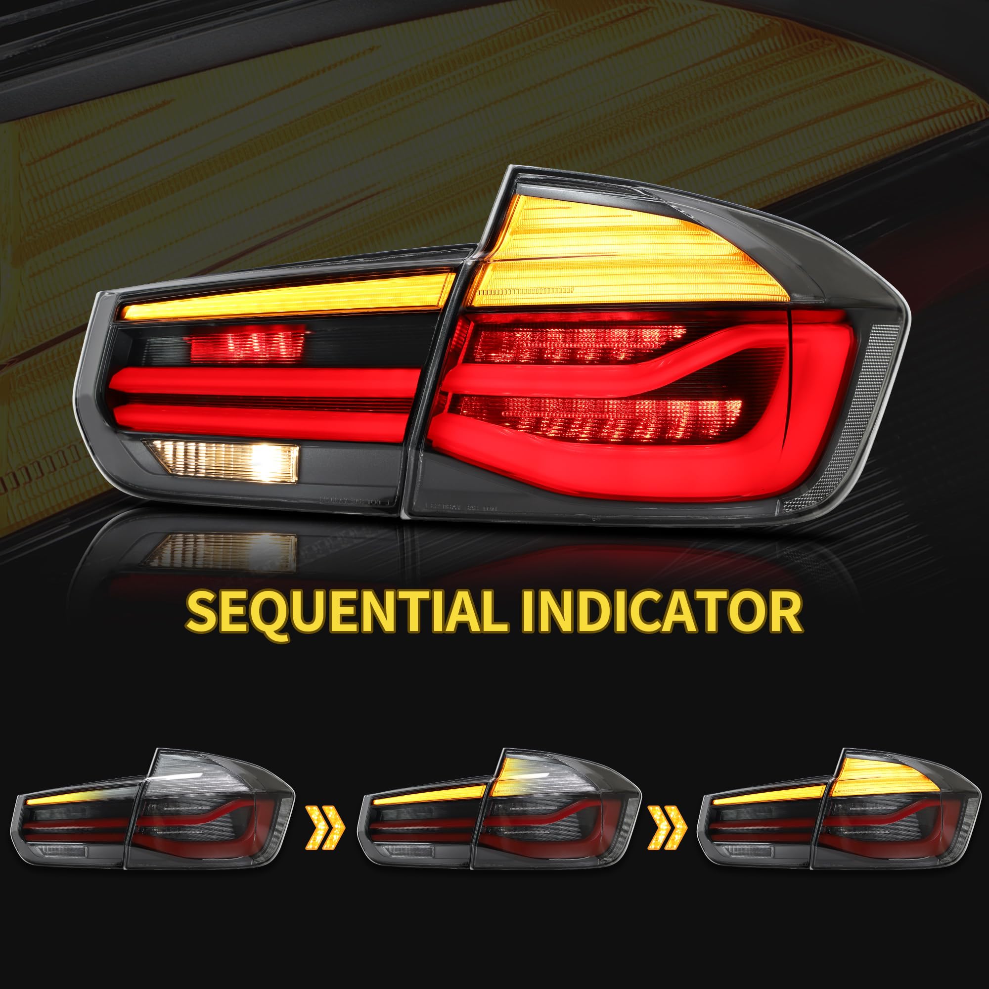 VLAND LED Rear Lights Compatible With 3-Series F30 F35 F80 M3 2013-2018 Sixth generation,Tail Lights Assembly w/Sequential Turn Indicator, 1 Set (Red)