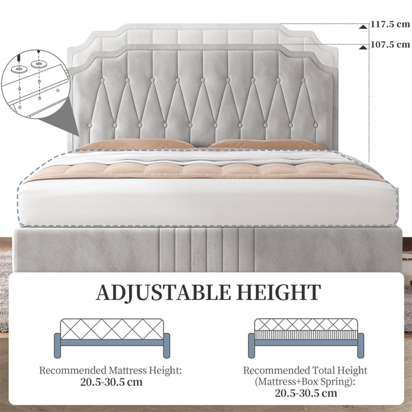 Yaheetech 5ft King Bed Frame Upholstered Platform Bed with Adjustable Button Tufted Headboard/Velvet Fabric/Sturdy Wooden Slat Support/No Box Spring Needed, Dark Grey King Bed