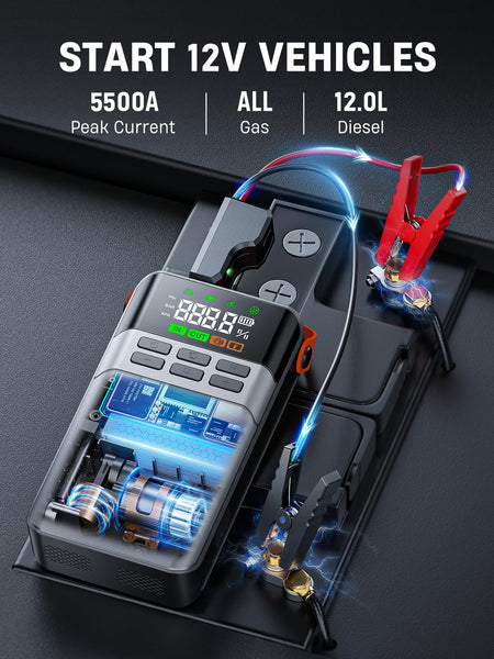 Car Battery Booster Jump Starter with 150PSI Air Compressor,8-IN-1 5500A Jump Starter Power Pack Portbale(All Gas/12L Diesel),21800mAh Car Jump Starter Power Bank with LCD Display,Emergency Flashlight