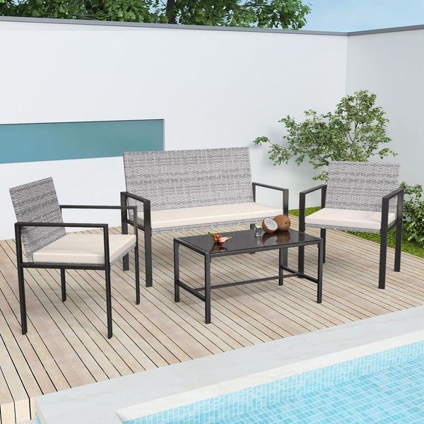 bigzzia Rattan Garden Furniture Set, 4 piece Patio Rattan furniture sofa Weaving Wicker includes 2 Armchairs,1 Double seat Sofa and 1 table (Black)