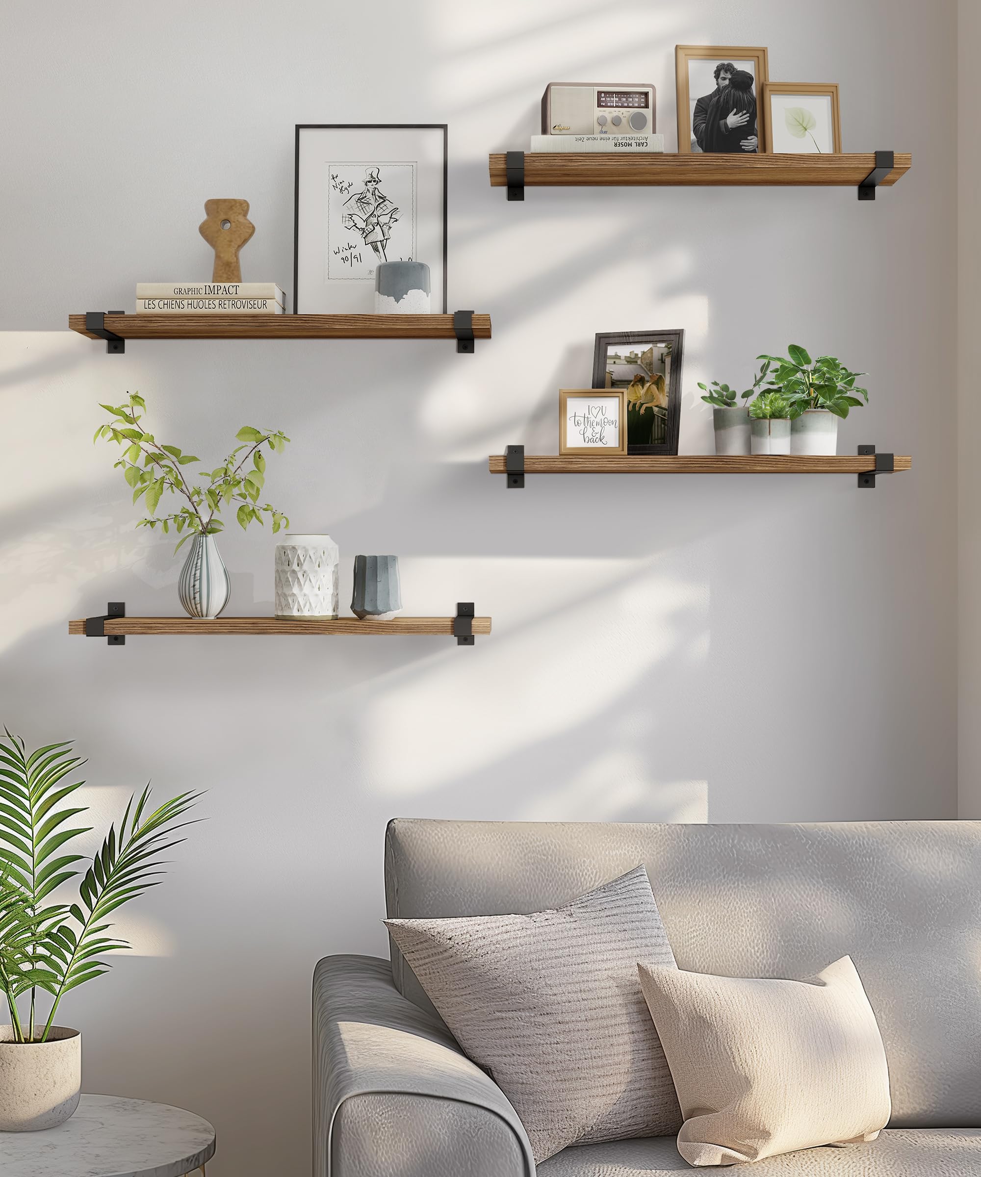 Gronda Rustic Floating Shelves, Dark Wood Wall Mounted Shelf Storage 60CM Natural Shelf Rustic Farmhouse Display for Bedroom Living Room Bathroom