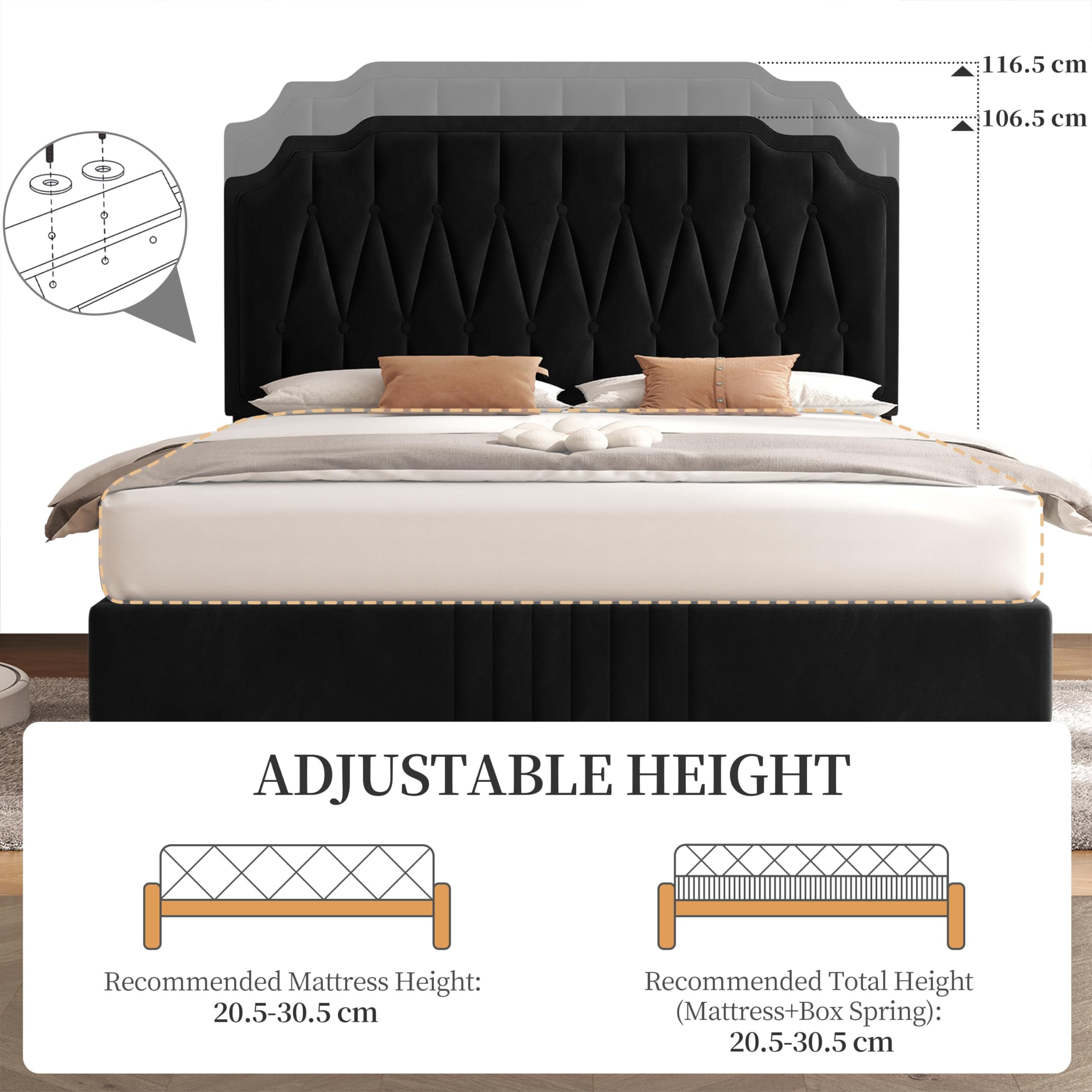 Yaheetech 5ft King Bed Frame Upholstered Platform Bed with Adjustable Button Tufted Headboard/Velvet Fabric/Sturdy Wooden Slat Support/No Box Spring Needed, Dark Grey King Bed