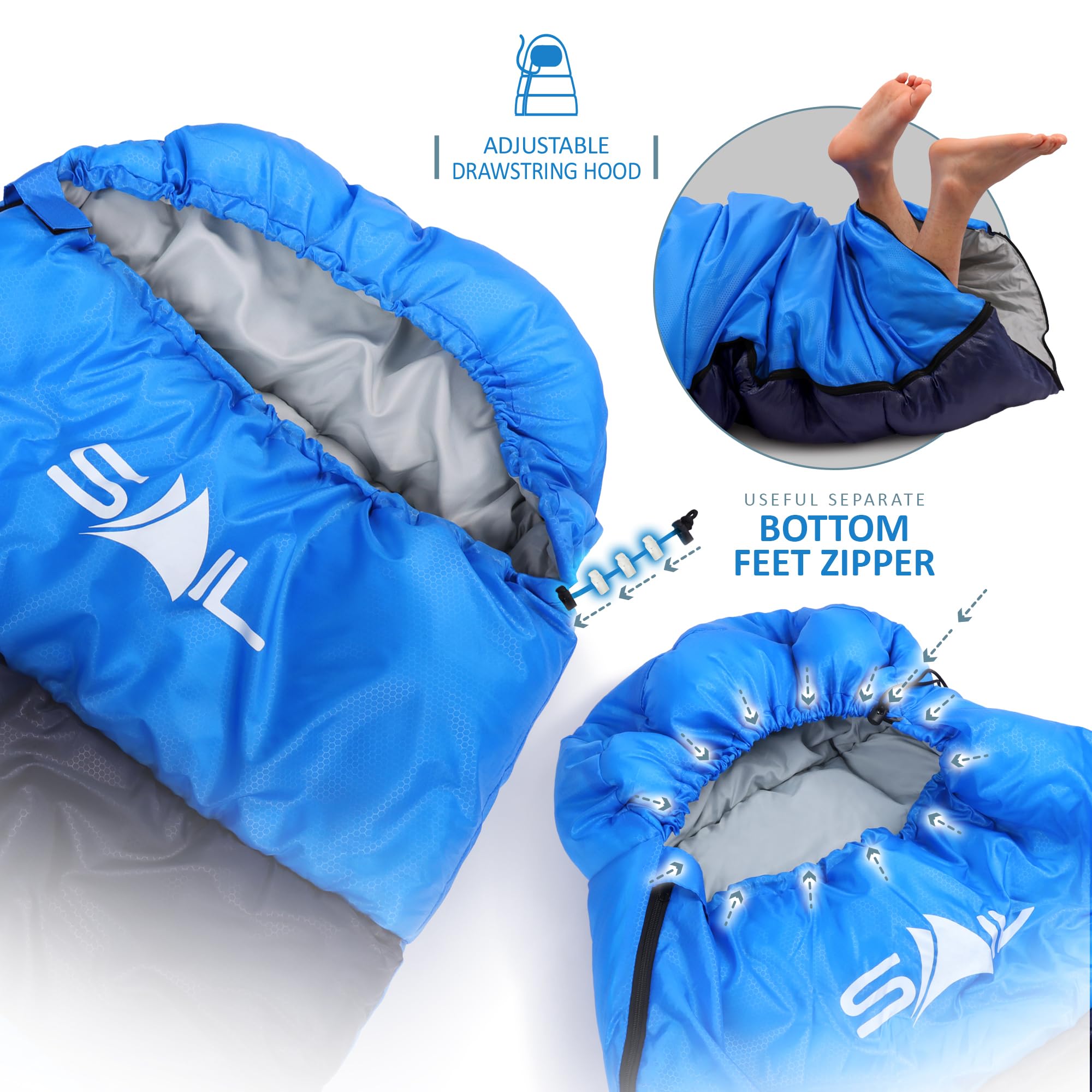 SAIL Sleeping Bag 3-4 Season Waterproof Indoor & Outdoor Use 1.3KG/2KG for Kids & Adults for Hiking, Backpacking and Camping