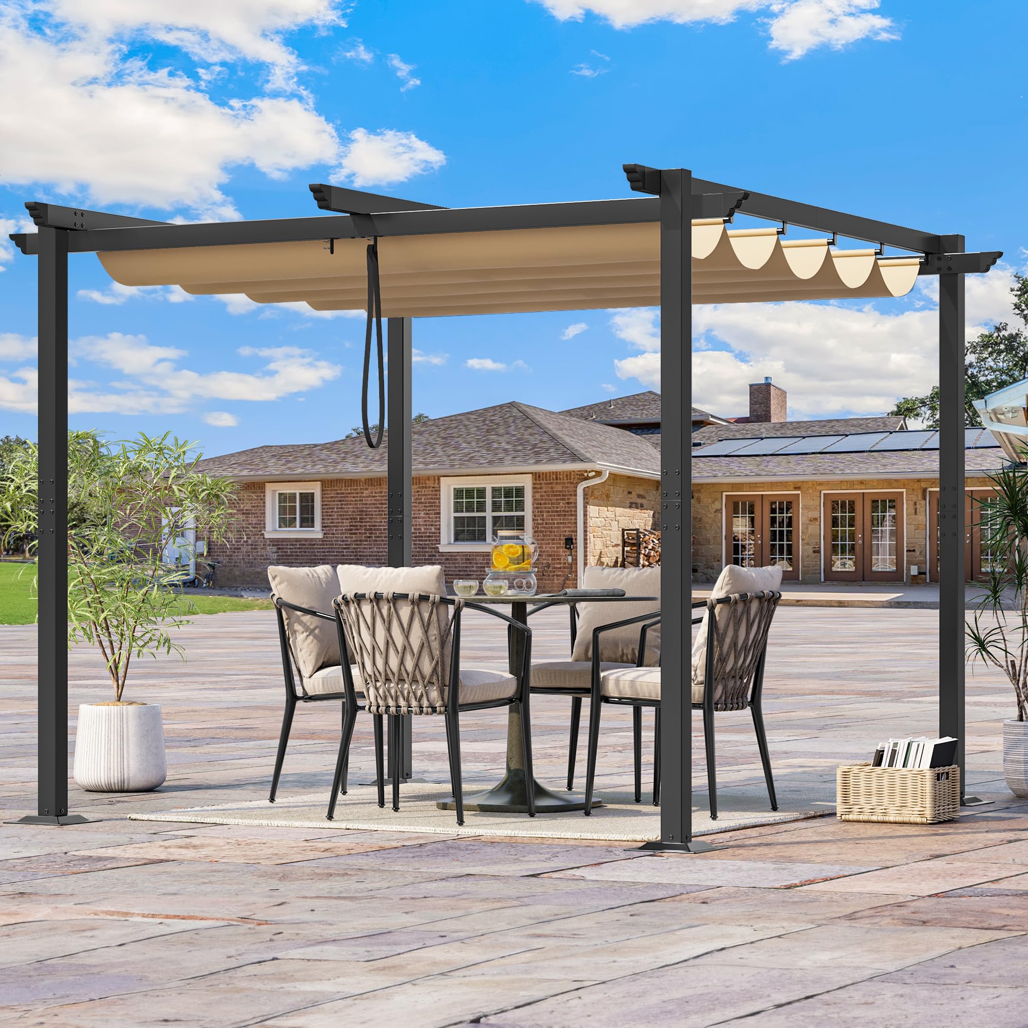 Metal Pergola with Retractable Roof, Outdoor Pergola Includes Water-Resistant and SPF 15 PU Coated Canopy, Sun Shade for Barbecue Events, Garden Parties, and Lawn in Dark grey 3x3Meter