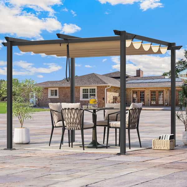 Metal Pergola with Retractable Roof, Outdoor Pergola Includes Water-Resistant and SPF 15 PU Coated Canopy, Sun Shade for Barbecue Events, Garden Parties, and Lawn in Dark grey 3x3Meter