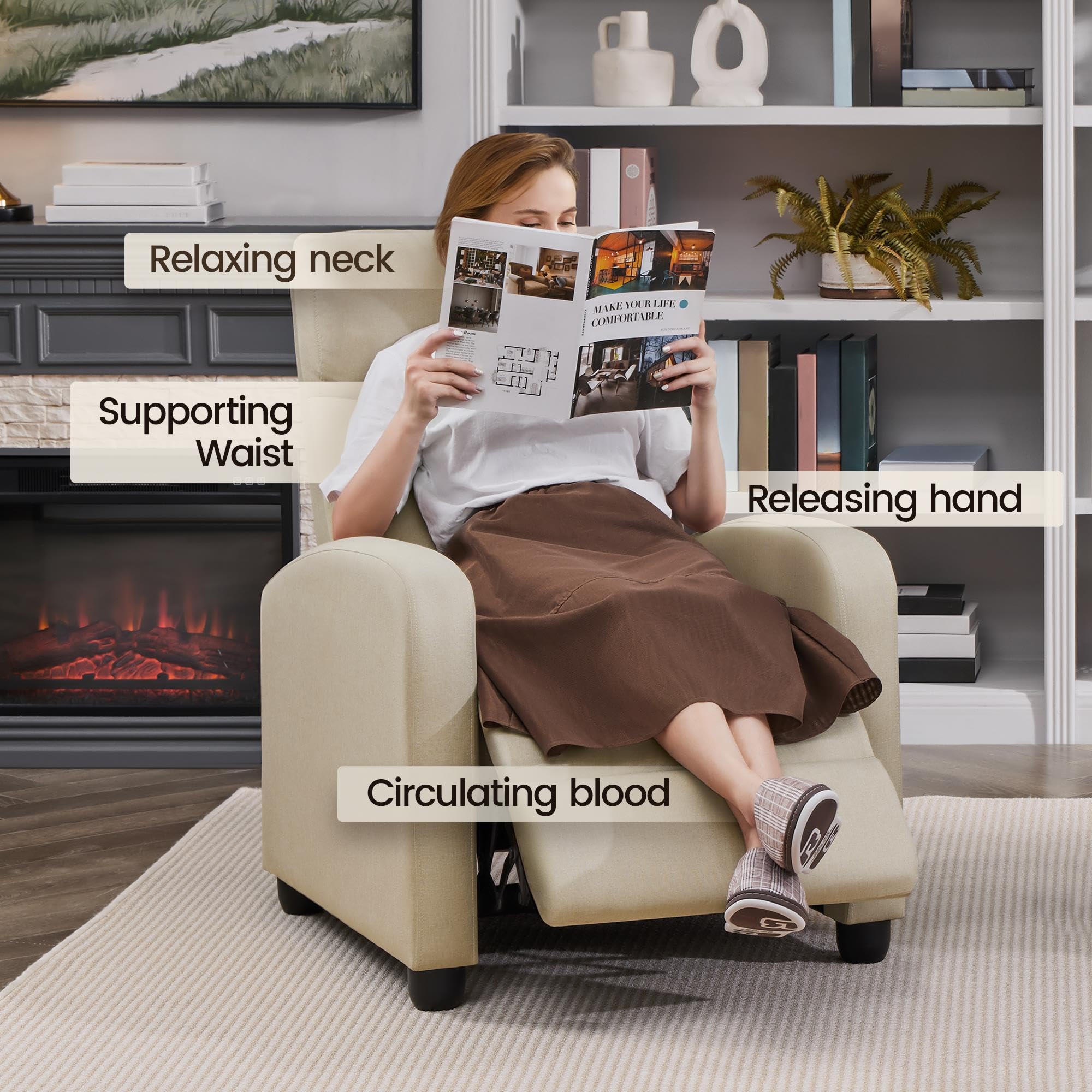 Yaheetech Recliner Armchair Single Padded Seat Boucle Fabric Sofa Lounge Home Living Room Theater Adjustable Leg Rest and Reclining Functions Ivory