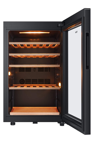 Haier Wine Bank 50 Series 5 Freestanding Wine Cooler, 49 Bottles, Single Zone Temperature, Anti-UV Glass Door, Low Vibration Design, LED Light, hOn App, F Class, Black, 49.7x58.5x82 cm - HWS49GA