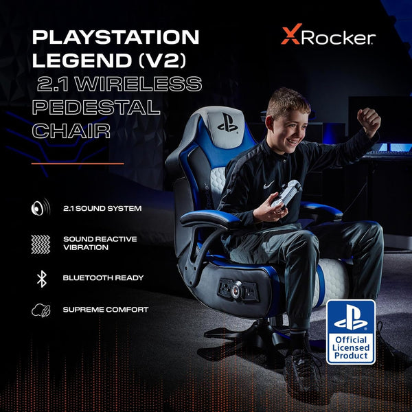 X ROCKER Playstation Legend 2.1 Audio Gaming Chair with Speakers, Wireless Bluetooth Audio Console Gaming Seat, Sound activated Vibration, Official Playstation for PS5 PS4 PC Mobile - WHITE BLUE BLACK