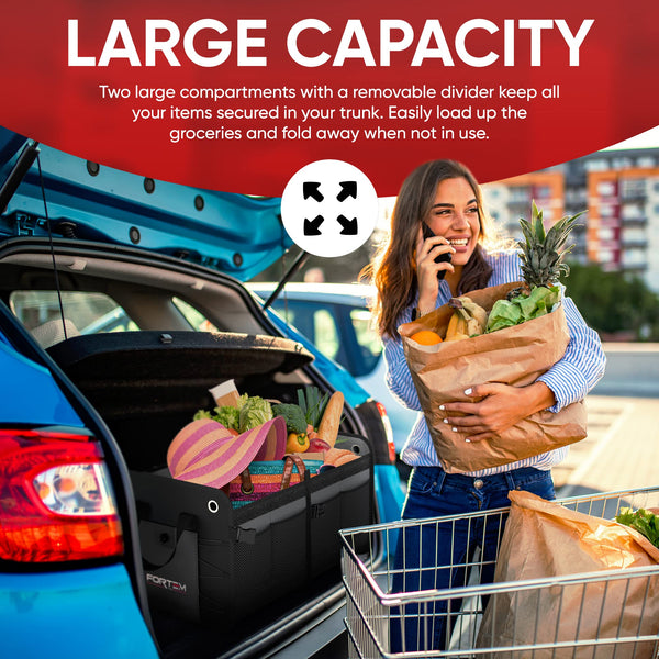 FORTEM Car Boot Organiser, SUV Boot Tidy, Trunk Storage, Collapsible Multi Compartment Car Organiser, Non Slip Bottom, Adjustable Securing Straps, Foldable Cover (65L)