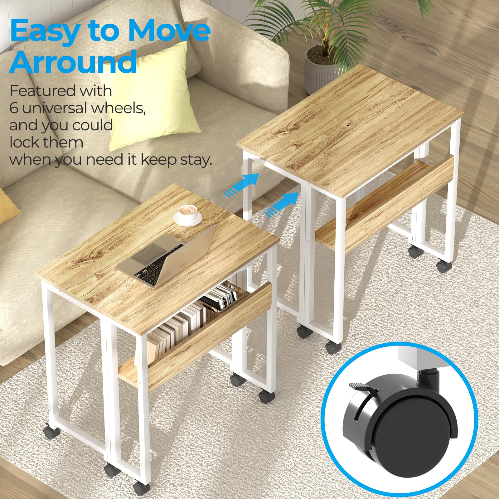 GreenForest Small Folding Desk with Storage Shelf,63 cm Computer Rolling Desk on Wheels Easy Assembly,Foldable desk for Small Space,Oak