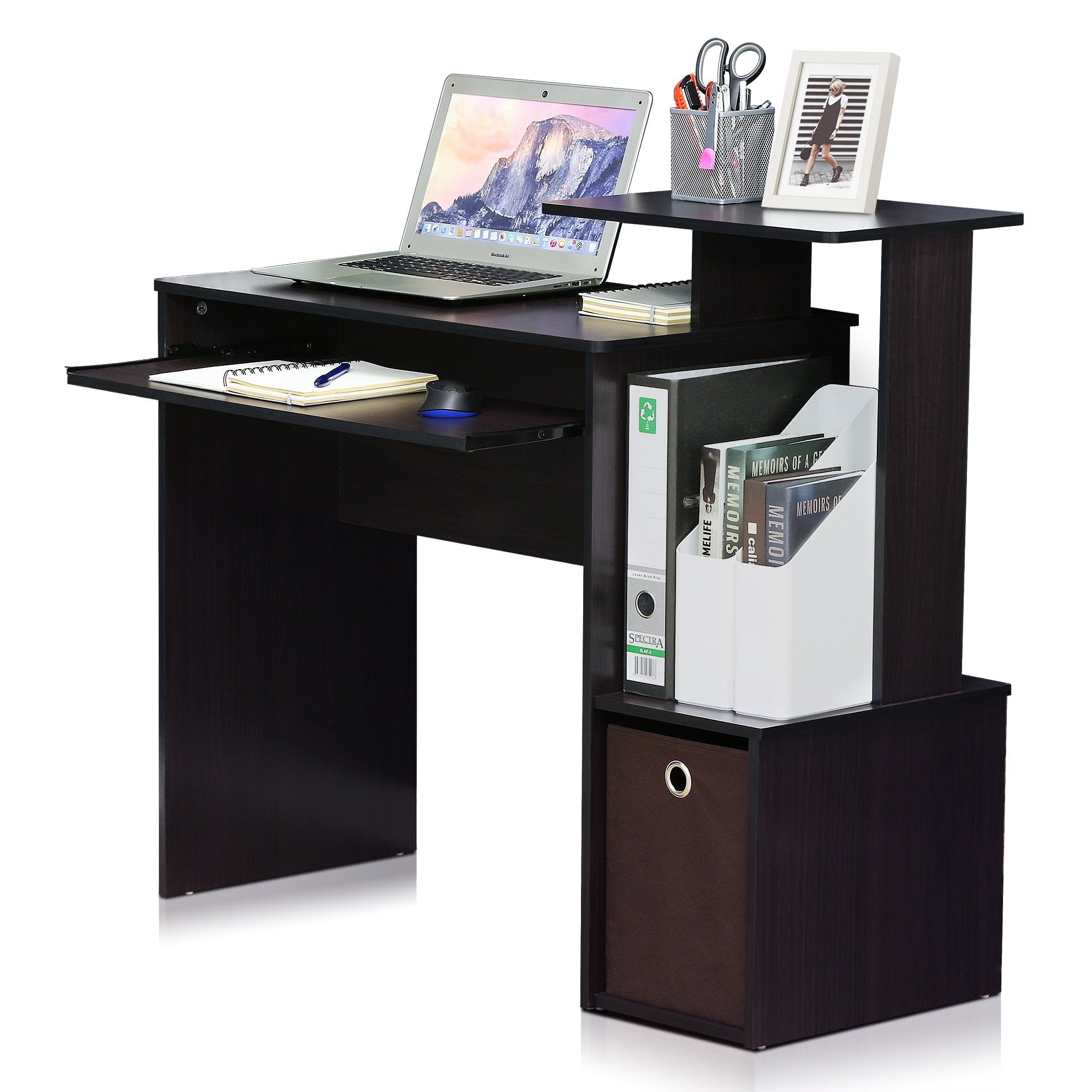 Furinno Econ Multipurpose Home Office Computer Writing Desk, Computer Desk, Study Desk, w/Bin, Dark Walnut, 100.1 (W) x 86.6 (H) x 39.9 (D) cm