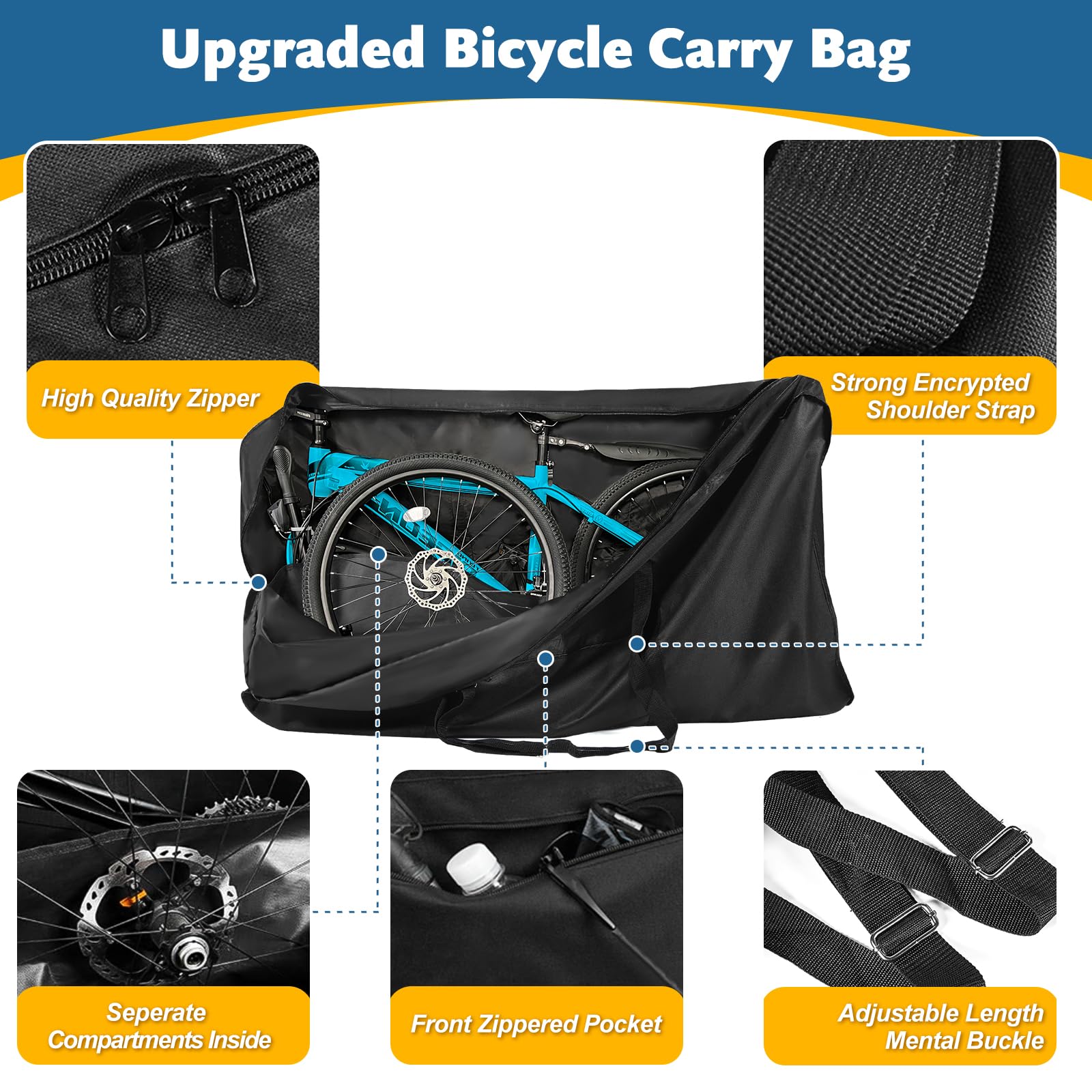 Folding Bike Travel Bag,Heavy Duty 840D Transport Bicycle Storage Carry Bag with Strong Webbing for 26-29 in Mountain 700C Road Bike MTB,Portable